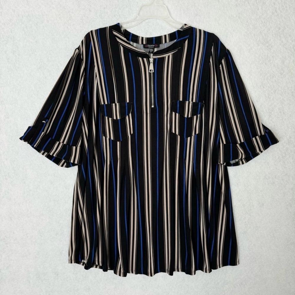 Cocomo Short Sleeve Top Plus Size 3X Black Beige Blue Striped 1/4 Zip Stretch